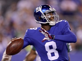 Josh Johnson #8 of the New York Giants passes the ball in the first quarter against the New York Jets during a preseason game on August 26, 2017 at MetLife Stadium in East Rutherford, New Jersey