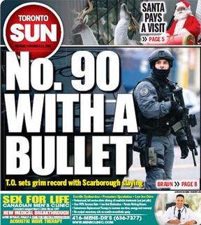 Toronto Sun’s front page on Monday, Nov. 19, 2018, after the new record high 90th murder of the year.