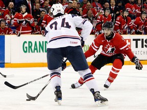 Cam Fowlerof Team USA skates with the puck while being defended by Nazem Kadri of Team Canada during the 2010 IIHF World Junior Championship Tournament Gold Medal game on Jan.5, 2010 at the Credit Union Centre in Saskatoon, Sask.