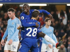 When Chelsea midfielder N'Golo Kante (centre) scored against Manchester City, it was just the second time that City had trailed this season. (Ian Kingston/Getty Images)