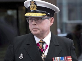 Vice-Admiral Mark Norman speaks briefly to reporters as he leaves the courthouse in Ottawa following his first appearance for his trial for breach of trust, on Tuesday, April 10, 2018.