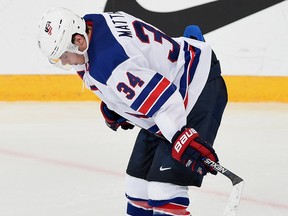 United States’ Auston Matthews reacts to his team’s loss to Russia during semifinal hockey action at the IIHF World Junior Championship in Helsinki, Finland on Monday, Jan 4, 2016.