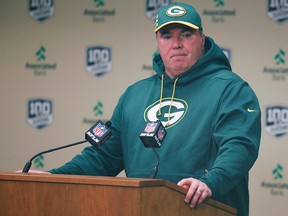 Green Bay Packers head coach Mike McCarthy speaks in a post-game press conference following an NFL game against the Arizona Cardinals Sunday, Dec. 2, 2018, in Green Bay, Wis.