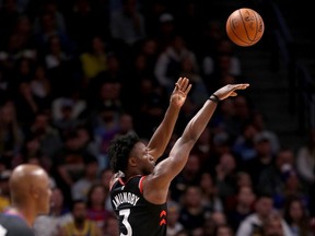 Og Anunoby #3 of the Toronto Raptors puts up a shot against the Denver Nuggets at  the Pepsi Center on December 16, 2018 in Denver, Colorado.  (Photo by Matthew Stockman/Getty Images)