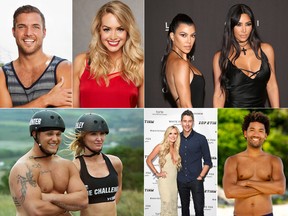 Clockwise from top left: Bachelor in Paradise's Jordan Kimball and Jenna Cooper; Kourtney Kardashian and sister Kim; Survivor: Ghost Island winner Wendell Holland; Arie Luyendyk Jr. and his fiancee, Lauren Burnham; and Ashley Mitchell and Hunter Barfield from MTV's The Challenge.