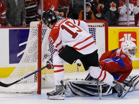 John Tavares of Team Canada scores his shootout attempt on Vadim Zhelobnyuk of Team Russia during the semifinals at the IIHF World Junior Championships at the Ottawa Civic Centre on Jan. 3, 2009 in Ottawa.
