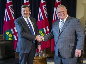 Toronto Mayor John Tory (left) visits Ontario Premier Doug Ford at his office at Queen's Park in Toronto, Ont. on Thursday December 6, 2018. (Ernest Doroszuk/Toronto Sun/Postmedia)