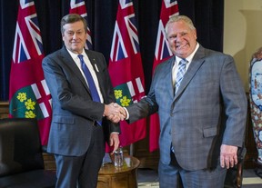Toronto Mayor John Tory (left) visits Ontario Premier Doug Ford at his office at Queen’s Park in Toronto, Ont. on Thursday December 6, 2018. (Ernest Doroszuk/Toronto Sun/Postmedia)
