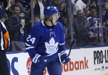 Toronto Maple Leafs Kasperi Kapanen RW (24) scores the opening goal during the first period in Toronto on Thursday December 6, 2018. Jack Boland/Toronto Sun/Postmedia Network