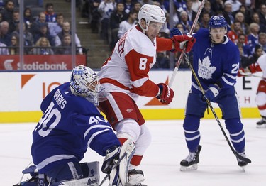 Detroit Red Wings Justin Abdelkader LW (8) screens Toronto Maple Leafs Garret Sparks G (40) during the second period in Toronto on Thursday December 6, 2018. Jack Boland/Toronto Sun/Postmedia Network