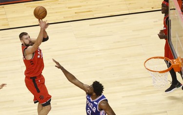 Toronto Raptors Jonas Valanciunas C (17) scores two of his  26 points on the night during the fourth quarter in Toronto, Ont. on Thursday December 6, 2018. Jack Boland/Toronto Sun/Postmedia Network