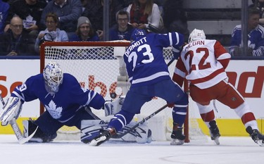 Toronto Maple Leafs Garret Sparks G (40) makes a save on Detroit Red Wings Wade Megan C (22) during the first period in Toronto on Friday December 7, 2018. Jack Boland/Toronto Sun/Postmedia Network