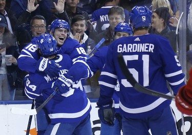 Toronto Maple Leafs Andreas Johnsson LW (18) ties the game at 4-4 during the third period in Toronto on Friday December 7, 2018. Jack Boland/Toronto Sun/Postmedia Network