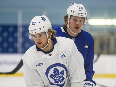 Toronto Maple Leafs William Nylander (front) and Kasperi Kapanen during a team skate at the MasterCard Centre in Toronto, Ont.  on Monday December 10, 2018. Ernest Doroszuk/Toronto Sun/Postmedia