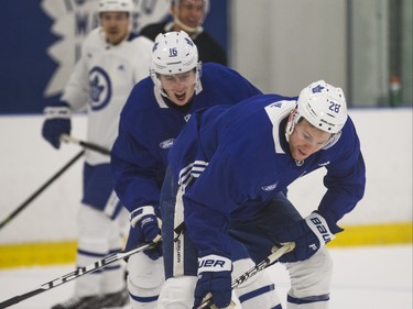 Toronto Maple Leafs Connor Brown (front) and Mitchell Marner during a team skate at the MasterCard Centre in Toronto, Ont.  on Monday December 10, 2018. Ernest Doroszuk/Toronto Sun/Postmedia