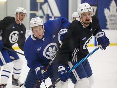 Toronto Maple Leafs Connor Brown (left) and Justin Holl during a team skate at the MasterCard Centre in Toronto, Ont.  on Monday December 10, 2018. Ernest Doroszuk/Toronto Sun/Postmedia