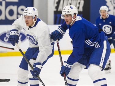 Toronto Maple Leafs Par Lindholm (left) and John Tavares during a team skate at the MasterCard Centre in Toronto, Ont.  on Monday December 10, 2018. Ernest Doroszuk/Toronto Sun/Postmedia