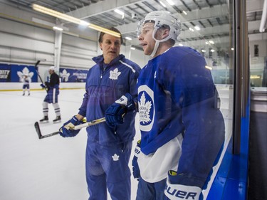 Toronto Maple Leafs Connor Brown chats with assistant coach Jim Hiller during a team skate at the MasterCard Centre in Toronto, Ont.  on Monday December 10, 2018. Ernest Doroszuk/Toronto Sun/Postmedia