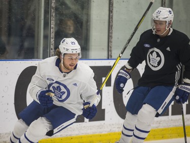 Toronto Maple Leafs William Nylander (left) and Nikita Zaitsev during a team skate at the MasterCard Centre in Toronto, Ont.  on Monday December 10, 2018. Ernest Doroszuk/Toronto Sun/Postmedia