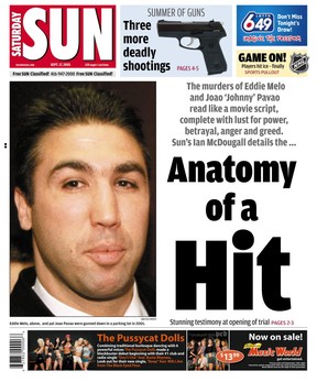 The front page of the Toronto Sun after hitman shot and killed Eddie Melo. TORONTO SUN