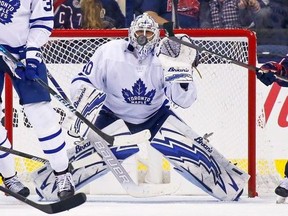 Cam Atkinson #13 of the Columbus Blue Jackets attempts to redirect a shot as Garret Sparks #40 of the Toronto Maple Leafs prepares to make a save during the third period on December 28, 2018 at Nationwide Arena in Columbus, Ohio. Toronto defeated Columbus 4-2. (Photo by Kirk Irwin/Getty Images)