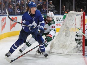 Greg Pateryn #29 of the Minnesota Wild skates against Kasperi Kapanen #24 of the Toronto Maple Leafs during the Next Generation NHL game at Scotiabank Arena on January 3, 2019 in Toronto, Ontario, Canada.