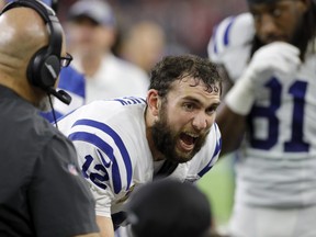 Andrew Luck #12 of the Indianapolis Colts reacts on the sideline in the fourth quarter against the Houston Texans during the Wild Card Round at NRG Stadium on January 5, 2019 in Houston, Texas.  (Photo by Tim Warner/Getty Images)