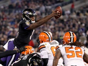Quarterback Lamar Jackson #8 of the Baltimore Ravens attempts to score against the Cleveland Browns in the second half at M&T Bank Stadium on December 30, 2018 in Baltimore, Maryland.