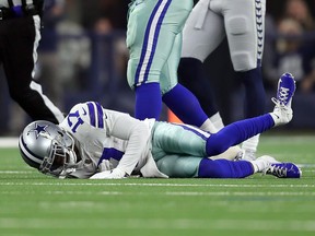 Allen Hurns of the Dallas Cowboys lays on the field after being injured in the first quarter against the Seattle Seahawks during the Wild Card Round at AT&T Stadium on Jan. 5, 2019 in Arlington, Texas. (Tom Pennington/Getty Images)