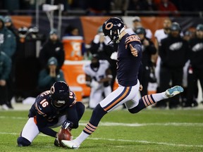 Cody Parkey #1 of the Chicago Bears misses a field goal attempt in the final moments of their 15 to 16 loss to the Philadelphia Eagles in the NFC Wild Card Playoff game at Soldier Field on January 06, 2019 in Chicago, Illinois. (Photo by Jonathan Daniel/Getty Images)
