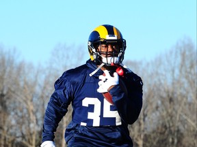 Rams running back C. J. Anderson runs a drill during practice for the Super Bowl in Flowery Branch, Ga. yesterday.  Getty Images