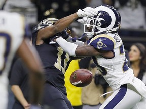 Tommylee Lewis of the New Orleans Saints drops a pass broken up by Nickell Robey-Coleman of the Los Angeles Rams during the fourth quarter in the NFC Championship game at the Mercedes-Benz Superdome on Jan. 20, 2019 in New Orleans, Louisiana. (Kevin C.  Cox/Getty Images)