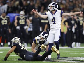 Greg Zuerlein of the Los Angeles Rams celebrates after kicking the game winning field goal in overtime against the New Orleans Saints in the NFC Championship game at the Mercedes-Benz Superdome on Jan. 20, 2019 in New Orleans, Louisiana. (Kevin C.  Cox/Getty Images)