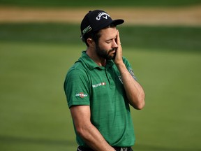 Adam Hadwin of Canada reacts to a missed birdie putt on the 15th green during the final round of the Desert Classic at the Stadium Course on January 20, 2019 in La Quinta, California. (Photo by Donald Miralle/Getty Images)