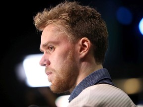 Connor McDavid #97 of the Edmonton Oilers speaks to the media during the 2019 NHL All-Star Media Day on January 24, 2019 in San Jose, California.