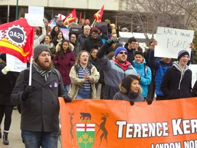 Students march to the Western gates after at a lunch hour protest at Western University against the Doug Ford government's decision to cut free tuition for low-income students and other changes to the Ontario Student Assistance Plan (OSAP). on Friday, Jan. 18, 2019. (Mike Hensen/The London Free Press/Postmedia Network)
