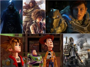 Clockwise from top left: Star Wars – Jedi: Fallen Order, Beyond Good and Evil 2, Gears 5, The Division 2, and Kingdom Hearts III.