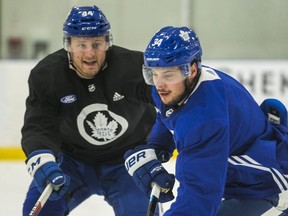 Morgan Rielly, left, and Auston Matthews at Maple Leafs practice on Wednesday, Jan. 9, 2019 at the Mastercard Centre. (Ernest Doroszuk/Toronto Sun)