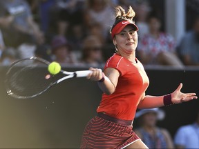 Canada’s Bianca Andreescu returns a shot against Taiwan’s Hsieh Su-wei during their semifinal match at the ASB Classic tennis tournament in Auckland, New Zealand, Saturday, Jan. 5, 2019. (AP Photo/Chris Symes)