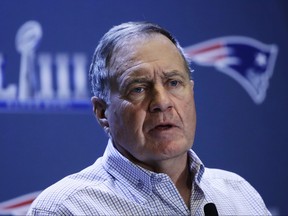 New England Patriots head coach Bill Belichick speaks with members of the media during a news conference Tuesday, Jan. 29, 2019, ahead of the NFL Super Bowl 53 football game against Los Angeles Rams in Atlanta. (AP Photo/Matt Rourke)