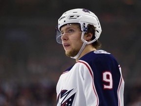 In this Feb. 22, 2018, file photo, Columbus Blue Jackets' Artemi Panarin pauses during the third period of the team's NHL hockey game against the Philadelphia Flyers in Philadelphia.