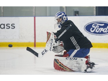 Toronto Maple Leafs Michael Hutchinson G (30) makes a save during practice at the MCC in Toronto on Friday January 11, 2019. Jack Boland/Toronto Sun/Postmedia Network