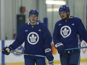Toronto Maple Leafs Mitch Marner RW (16) and teammate Auston Matthews (34) during practice at the MCC in Toronto on Sunday January 13, 2019. (Jack Boland/Postmedia Network)