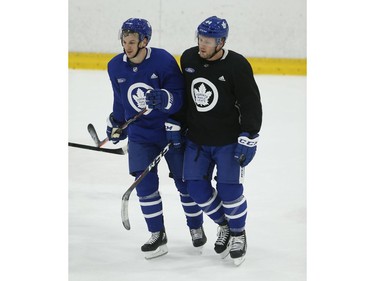 Toronto Maple Leafs Morgan Rielly D (44) and teammate Zach Hyman C (11) during practice at the MCC in Toronto on Friday January 11, 2019. Jack Boland/Toronto Sun/Postmedia Network