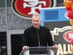 FILE - In this Oct. 21, 2018 file photo, former San Francisco 49ers quarterback Joe Montana speaks at a ceremony in Santa Clara, Calif. Hall-of-Fame quarterback Montana, looking to hit pay dirt in the legal marijuana industry, is part of a $75 million investment in a pot operator, it was announced Thursday, Jan. 24, 2019. San Jose, California-based said it will use the investment to grow a company that includes a farm, a retail store, distribution center and a delivery service.