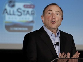 NHL Commissioner Gary Bettman speaks at a news conference in San Jose, Calif., Friday, Jan. 25, 2019. The NHL All Star Game is scheduled for Saturday afternoon.