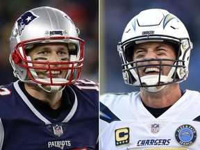 At left, in a Dec. 2, 2018, file photo, New England Patriots quarterback Tom Brady smiles after a touchdown during an NFL football game against the Minnesota Vikings, in Foxborough, Mass. At right, in a Jan. 6, 2019, file photo, Los Angeles Chargers quarterback Philip Rivers walks on the field in the second half of an NFL wild card playoff football game against the Baltimore Ravens, in Baltimore. The Chargers and Patriots meet in a divisional playoff game on Sunday, Jan. 13, 2019. (AP Photo/File)