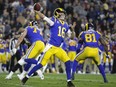 In this Dec. 16, 2018, file photo, Los Angeles Rams quarterback Jared Goff throws a pass during an NFL football game against the Philadelphia Eagles, in Los Angeles. The Rams and Dallas Cowboys meet in a divisional playoff game on Saturday, Jan. 12, 2019.