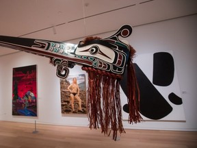 A Hok Hok Headdress by artist Henry Speck Jr., of the KwakwakaOwakw First Nation, is displayed at the Audain Art Museum in Whistler, B.C., on Sunday December 2, 2018. THE CANADIAN PRESS/Darryl Dyck