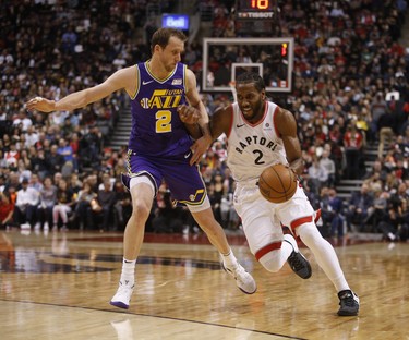 Toronto Raptors Kawhi Leonard SF (2) drives past Utah Jazz Joe Ingles SF (2) during the second half in Toronto, Ont. on Tuesday January 1, 2019. Jack Boland/Toronto Sun/Postmedia Network